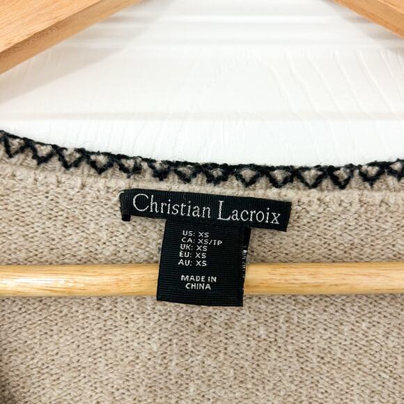 Christian Lacroix Tan Knit Sweater XS V-Neck Contrast Trim Pocket Detail Cozy - Picture 3 of 6